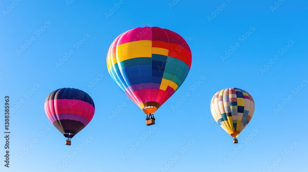 Three hot air balloons drift against a clear blue sky. The largest balloon boasts a vibrant multicolored geometric pattern. Two smaller balloons, similarly patterned but in different color schemes, a Three hot air balloons drift against a clear blue sky. The largest balloon boasts a vibrant multicolored geometric pattern. Two smaller balloons, similarly patterned but in different color schemes, a