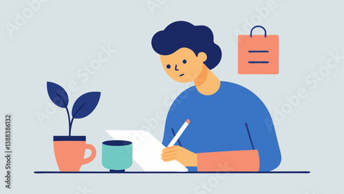 Journaling A person sitting at a table writing in a journal with a cup of tea beside them. The journal page is partially visible showing words like feedback thoughts and next