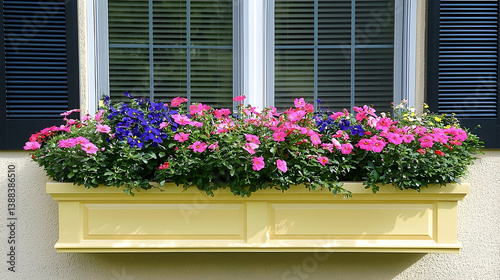 Colorful flowers in window box, suburban house, sunny day, home decor
