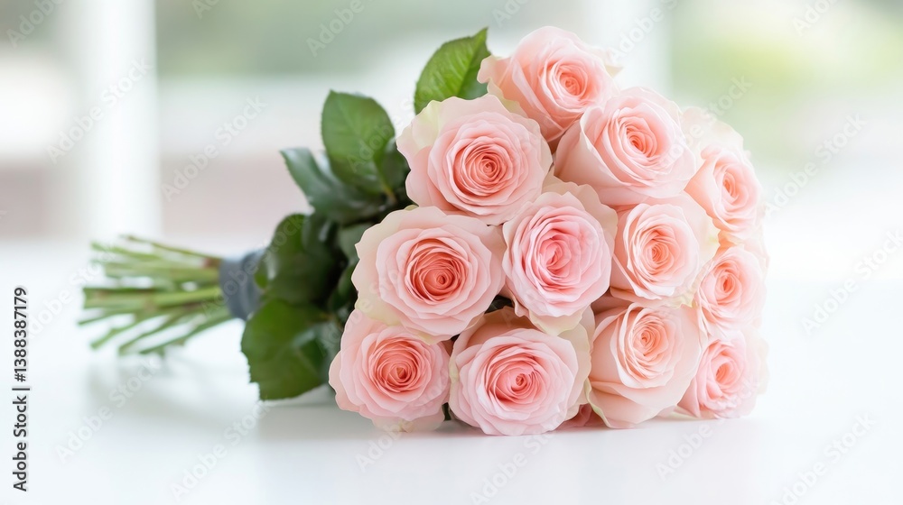 Obraz premium A bouquet of light pink roses rests on a white surface. The roses are tightly arranged, showing numerous blossoms. The image is high-quality with soft, natural lighting. The style is simple and ele