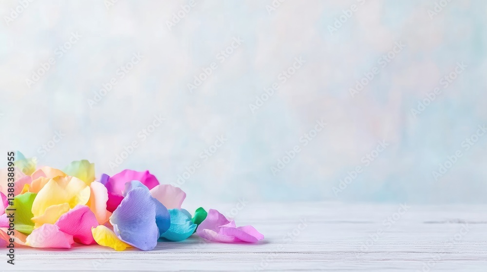 Pastel flower petals are piled on a white wooden surface. The image features a soft, blurred background. The high-quality photo uses natural lighting creating a serene mood. The pastel colors evoke Pastel flower petals are piled on a white wooden surface. The image features a soft, blurred background. The high-quality photo uses natural lighting creating a serene mood. The pastel colors evoke