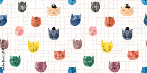 Cute hand painting watercolor cat heads seamless pattern on checkered background. Funny colorful cats faces print for kids textile design, pet shop advertisement, banners, surface, patterns, package