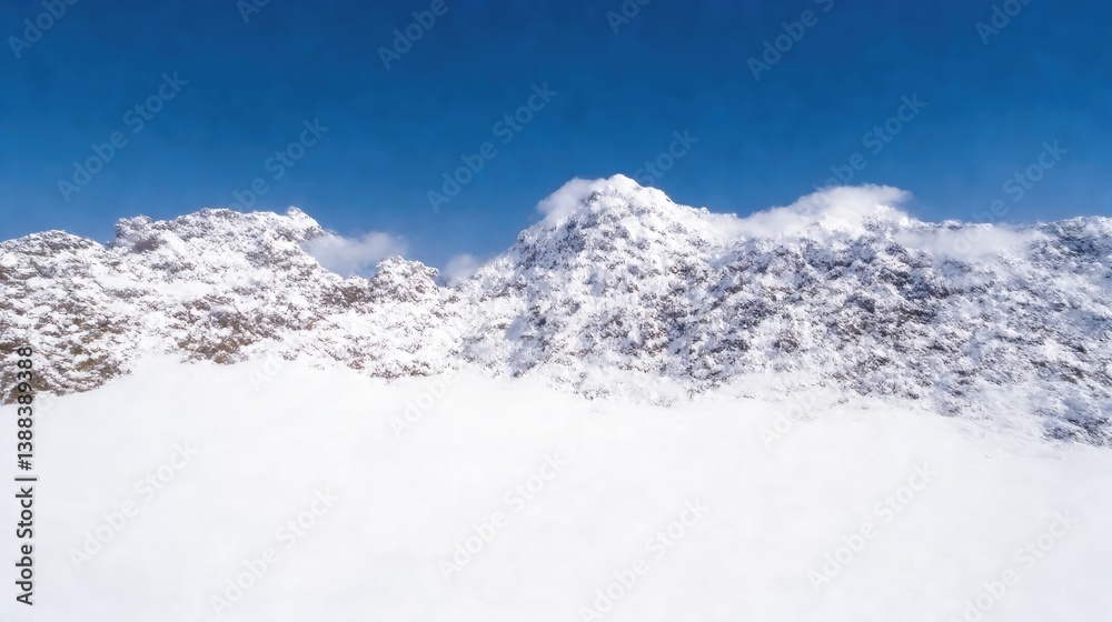 Obraz premium Snow-covered mountain peaks rise against a clear blue sky. The image features a panoramic view of rugged terrain. Its a high-quality photo with sharp details and good resolution. The style is natur