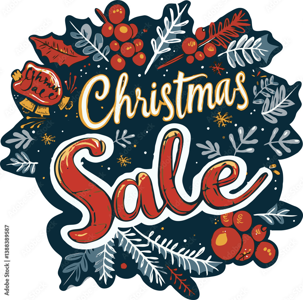 Fototapeta premium Illustration of a Christmas sale announcement with festive foliage on transparent background. Concept of holiday marketing