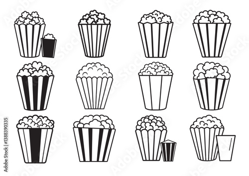 Popcorn icon vector, Popcorn box silhouette vector Set