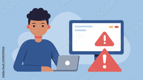 Fake Website An image showing a person at a computer looking concerned as they notice a warning message on a browser saying This site is not secure with a fake website mimicking a