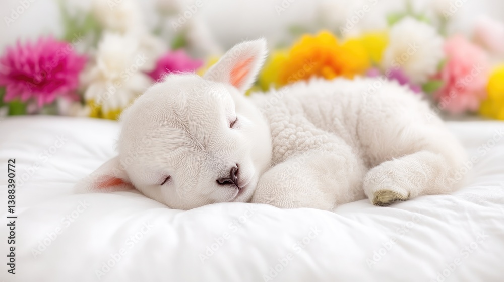 Fototapeta premium Lamb among Spring Flowers Soft Focus High-Resolution Portrait Close-Up View Fluffy Texture Sleeping Peacefully Floral Bedspread Pastel Tones Ideal for Easter Cards