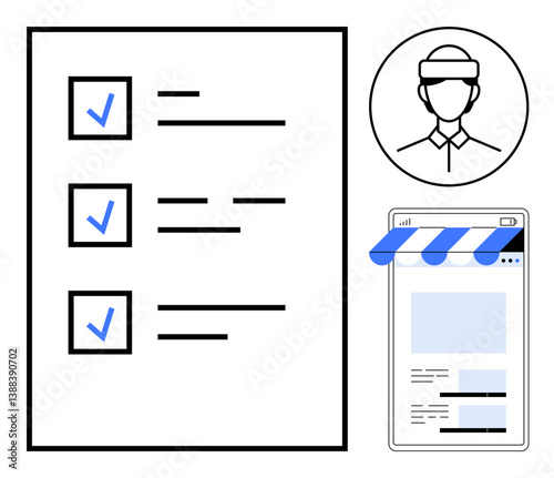 Checklist with three tasks marked as done, profile avatar, online storefront interface. Ideal for productivity, task management, e-commerce, user profiles, organization, retail flat simple metaphor