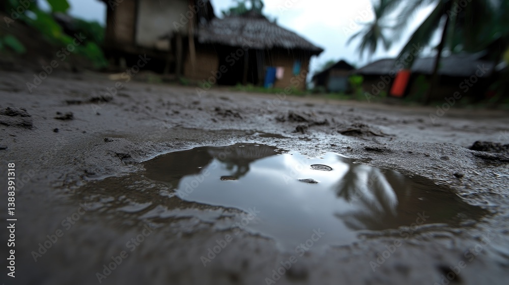 Fototapeta premium Mud Puddle Reflecting Village