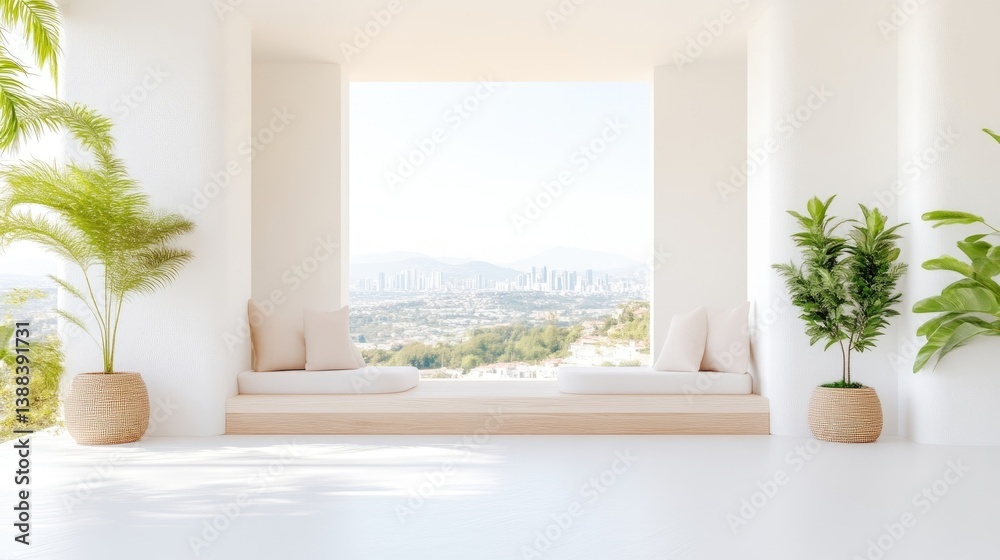 Fototapeta premium Modern, minimalist, sun-drenched balcony with city views