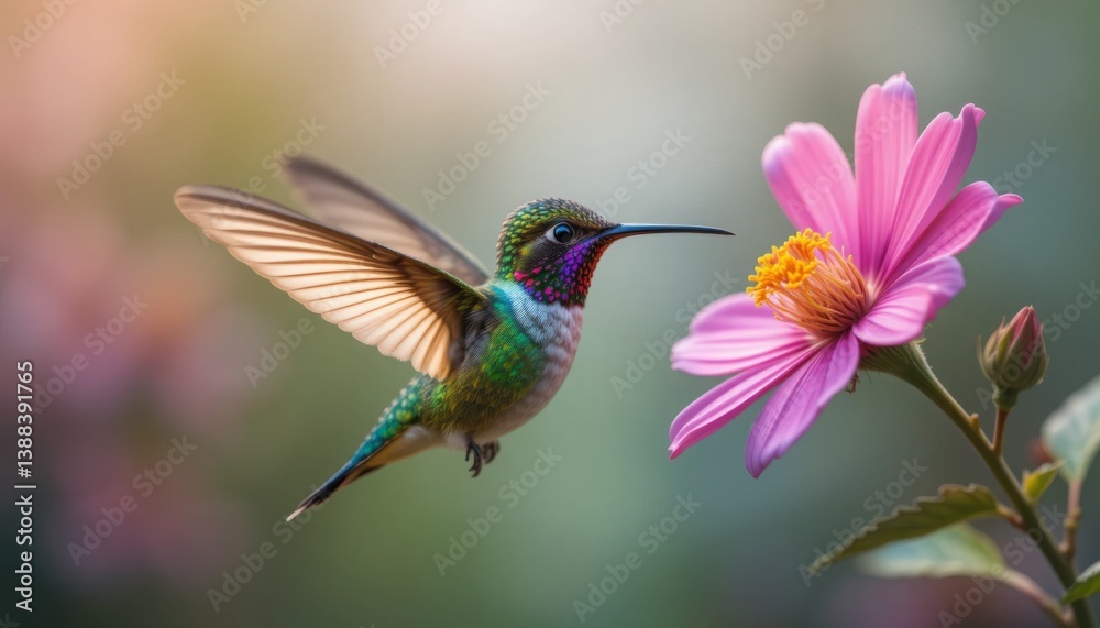 A hummingbird hovering near a flower A hummingbird hovering near a flower