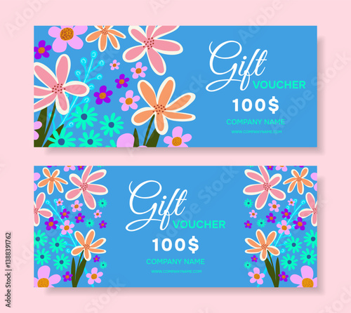 Gift certificate templates with bright creative flowers in a modern style. Business card with beautiful flowers.