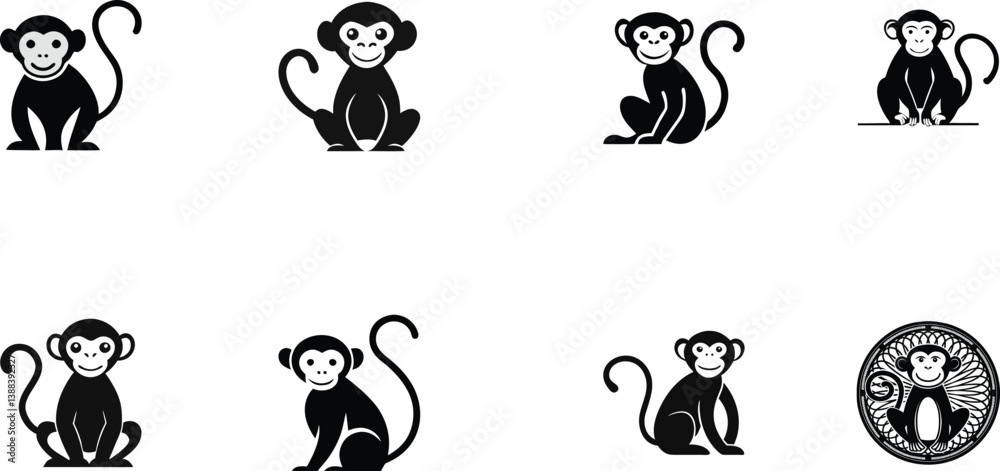 Naklejka premium Black and White Monkey Clipart Collection – Vector Cartoon Monkeys