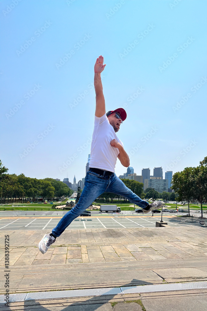 A man in a white shirt and blue jeans is jumping in the air