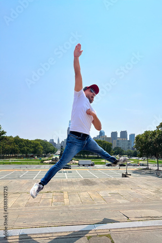 Obraz na płótnie A man in a white shirt and blue jeans is jumping in the air w salonie