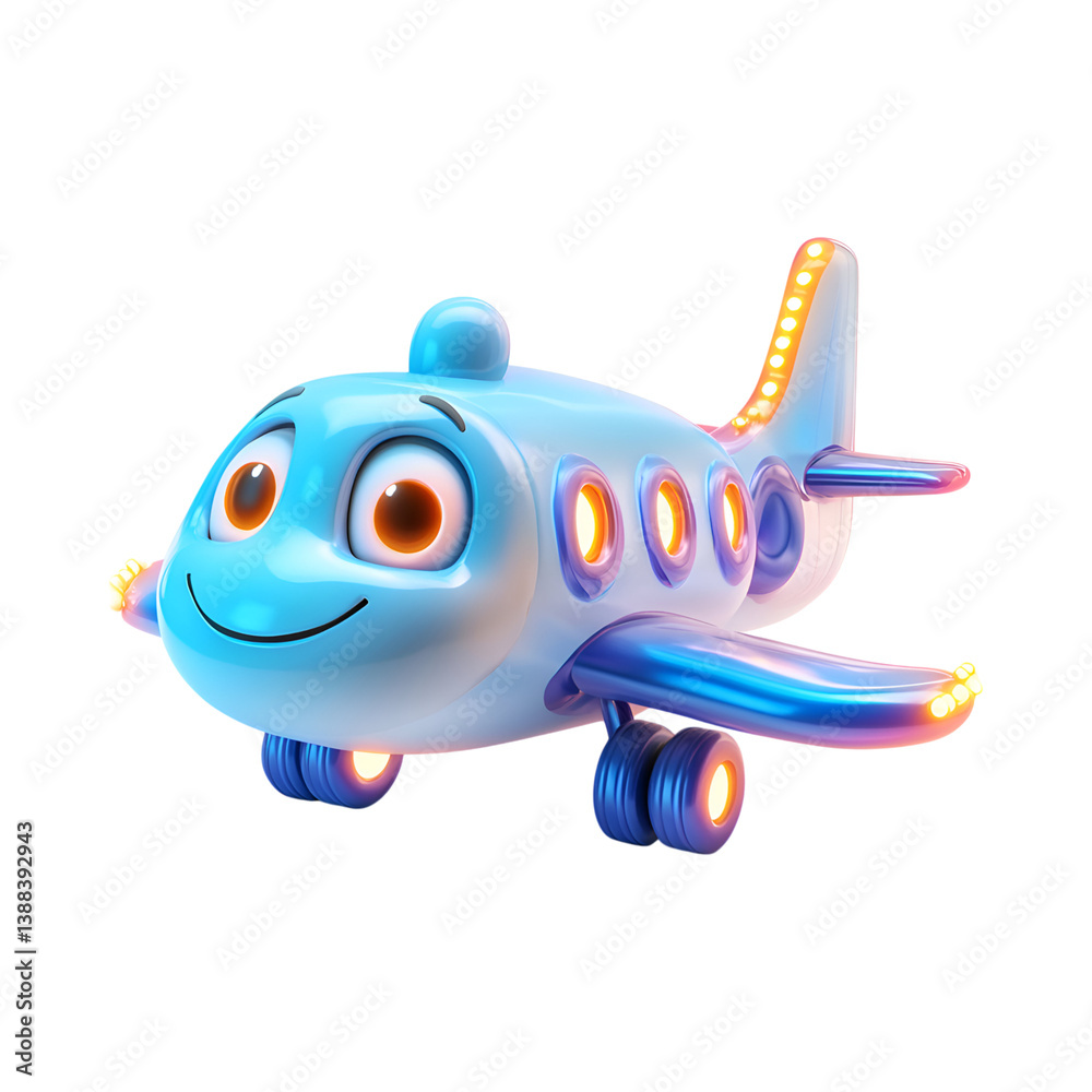 Obraz premium A Fluffy 3D Cartoon Airplane with Glowing Wings and Smiley Face Isolated on Transparent Background