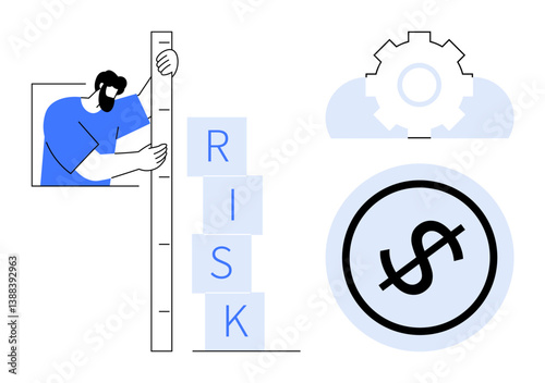 Person stacking blocks labeled RISK alongside a gear and dollar sign. Ideal for finance, decision-making, management, business strategy, risk assessment, growth planning, flat simple metaphor