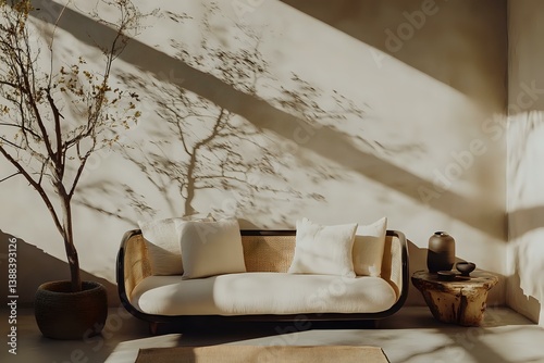 Minimalist living room interior with curved white sofa, potted tree, and dramatic shadow play on beige wall creating serene atmosphere for modern home decor.