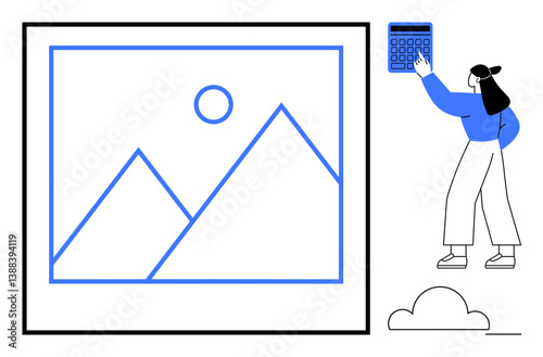Woman holding calculator, analyzing framed mountain and sun picture. Ideal for photography, design, analytics, evaluation, creativity, innovation data-driven thinking. Flat simple metaphor