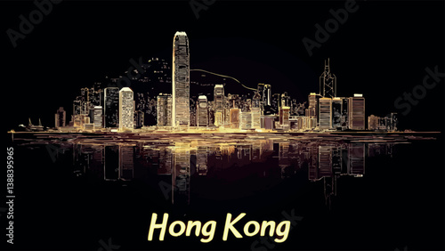 Hong Kong Skyline with Skyscrapers and Reflections in Digital Art.eps
