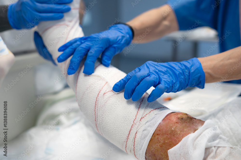 Doctors applying bandage on patient's injured leg in hospital operating room Doctors applying bandage on patient's injured leg in hospital operating room