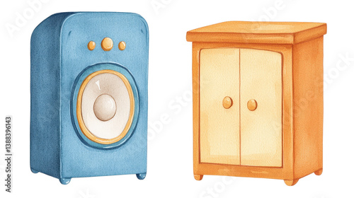Studio monitor speakers and speaker box illustrated in watercolor style showcasing essential audio equipment for professionals