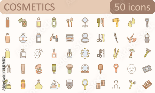 
Cosmetic icons collection. Beauty, makeup, lotion, deodorant icon. Set of 50 outline icons related to personal care products. Linear icon collection. Editable stroke. Vector illustration