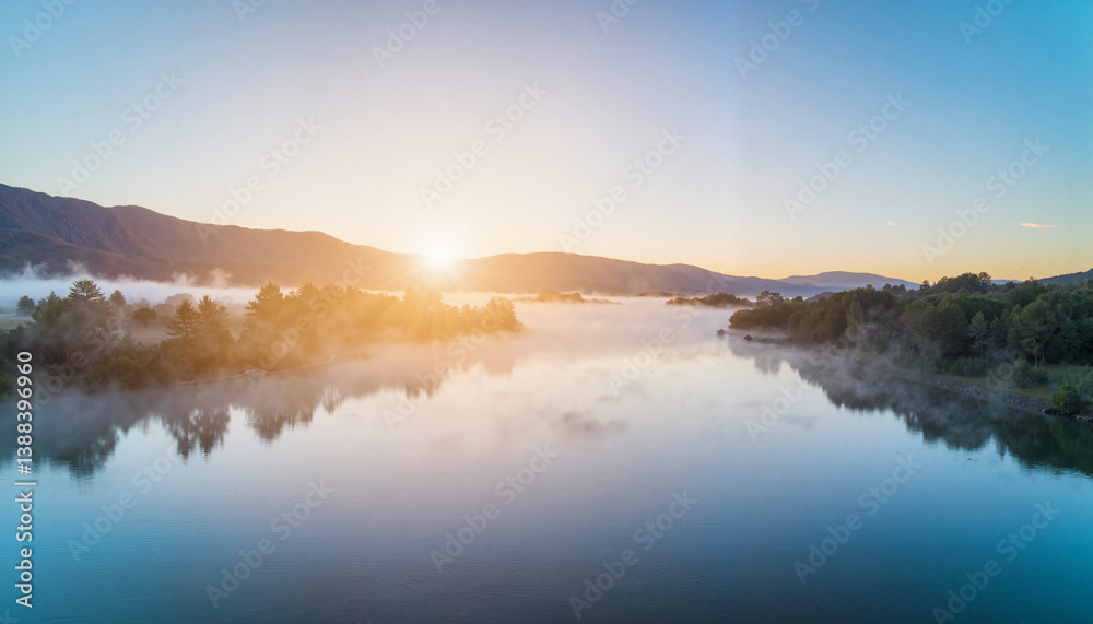 Fototapeta premium Tranquil dawn over misty river with rolling hills, serenity and peace