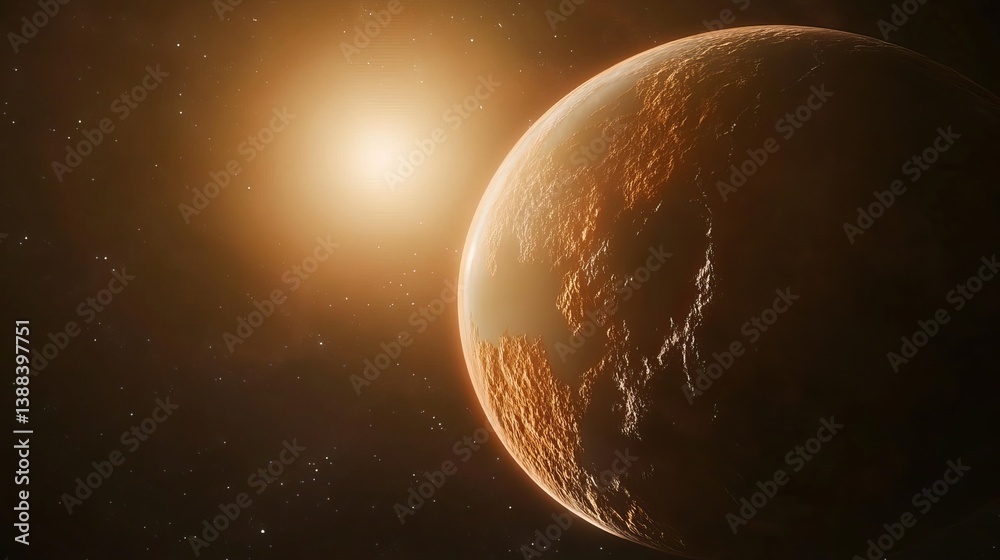 Planet surface illuminated by a distant sun with stars visible in the dark background of space Planet surface illuminated by a distant sun with stars visible in the dark background of space