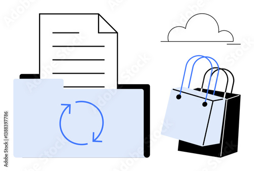 Folder with document and synchronization arrows, shopping bags, and cloud symbol. Ideal for digital transformation, cloud storage, data management, e-commerce, file sharing, online shopping