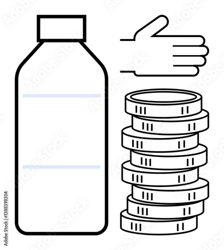 Hand reaching out near stacked coins and a bottle, suggesting economic value, product pricing, saving, sustainability. Ideal for finance, economy, manufacturing, trade sustainability recycling
