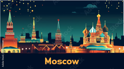 Moscow with Kremlin and Red Square Lights in Digital Drawing.eps