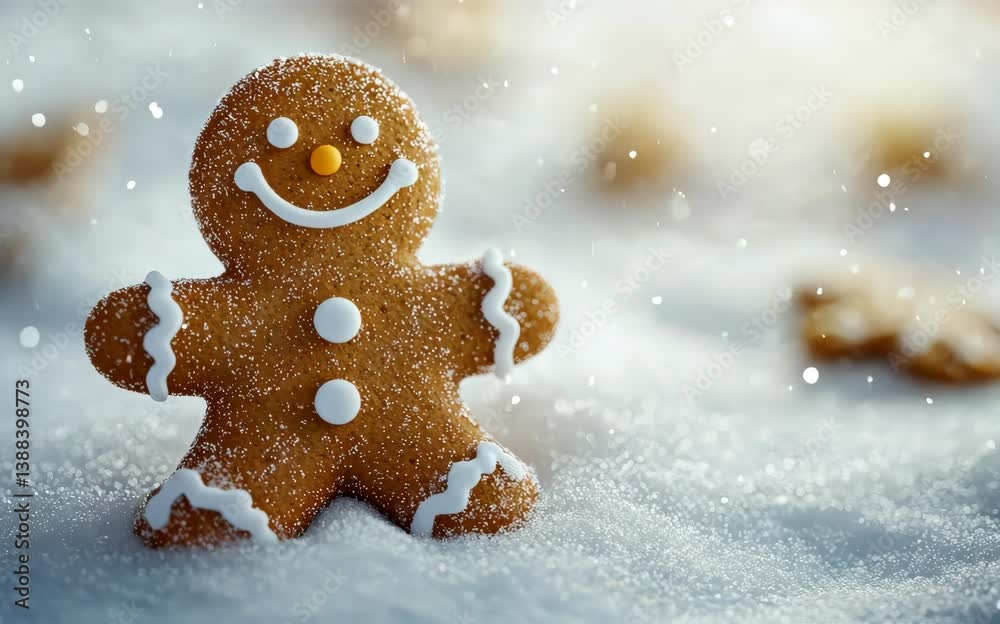 A cute gingerbread man surrounded by snow, isolated on a soft white background, 3D Blender minimal style,