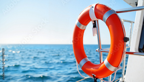 Vibrant life jacket on yacht railing under clear sky, safety at sea