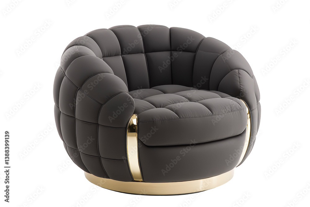 Obraz premium A luxurious, modern armchair with plush, quilted design and gold accents, perfect for adding elegance to any living space. chair round shape and dark upholstery create cozy, inviting feel