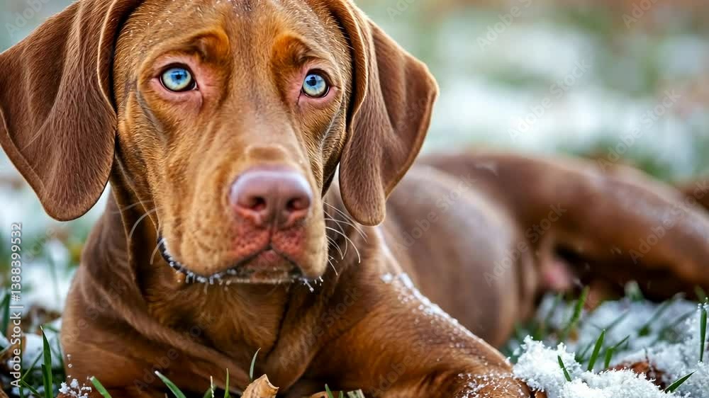 custom made wallpaper toronto digitalBrown dog with blue eyes relaxes in a snowy garden during winter