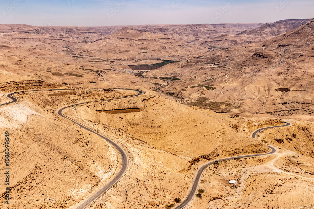 Aerial view of Wadi Mujib canyon and the King's Highway, Jordan