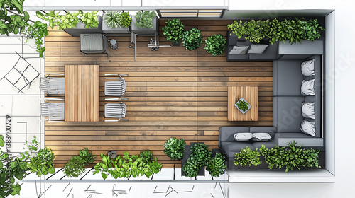 Top-down balcony layout with furniture and vertical garden plan