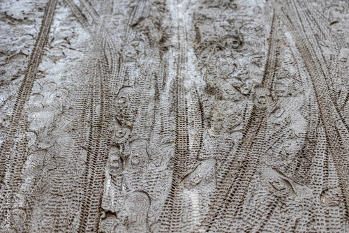 Mountain bike tire tracks on the muddy road