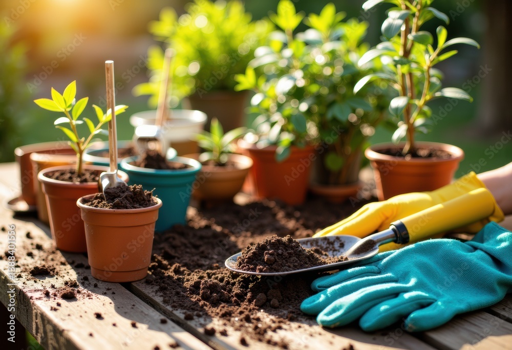 Gardening tools and potted plants on a wooden table in sunlight Gardening tools and potted plants on a wooden table in sunlight