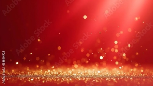 olden glitter particles falling on a vibrant red background with light rays