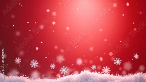Falling snow on a vibrant red Christmas background with snowdrift
