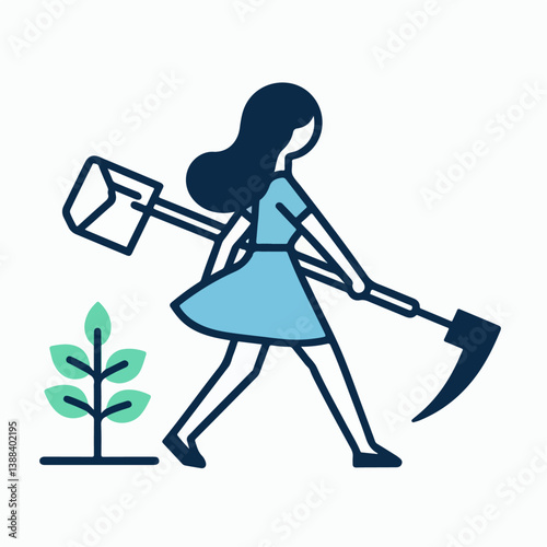 vector illustration of a person carrying a hoe