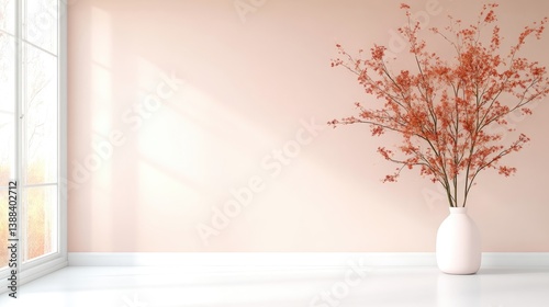 A white vase with red flowers standing on a white floor in a minimalist room with soft pink walls and natural light, and elegant interior design.