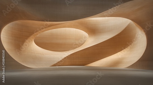 Abstract, organic, light-filled interior space.  Wooden, flowing, curved walls create a unique architectural form