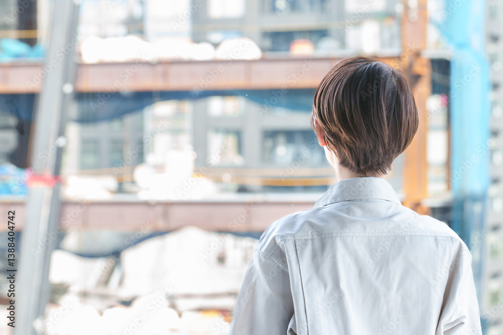 建築現場を確認する女性作業員の背中 建築現場を確認する女性作業員の背中
