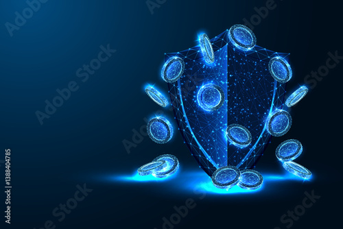 Digital Shield Protecting Money on dar bue bacground. Cybersecurity. Financial Safety Concept vector