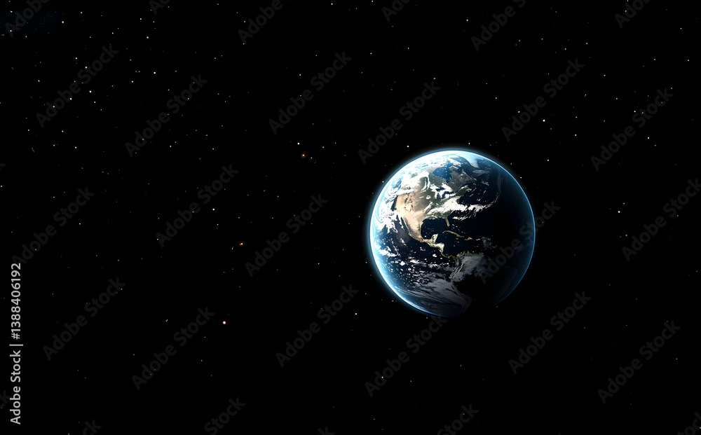 Obraz premium Earth in the Cosmos: A mesmerizing view of Earth suspended in the vast expanse of space, showcasing its vibrant blue oceans, swirling clouds, and the promise of life under a starry backdrop. 