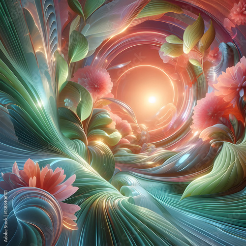 A futuristic spring-inspired abstract composition, swirling patterns of neon green leaves and soft coral flower petals merging into a glossy glass-like surface, reflecting a holographic sunrise, seaml