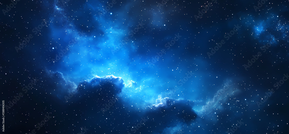 Naklejka premium Celestial Azure: A breathtaking cosmic vista, awash in deep blues and stardust, reveals a luminous nebula, evoking wonder and infinite possibility. 